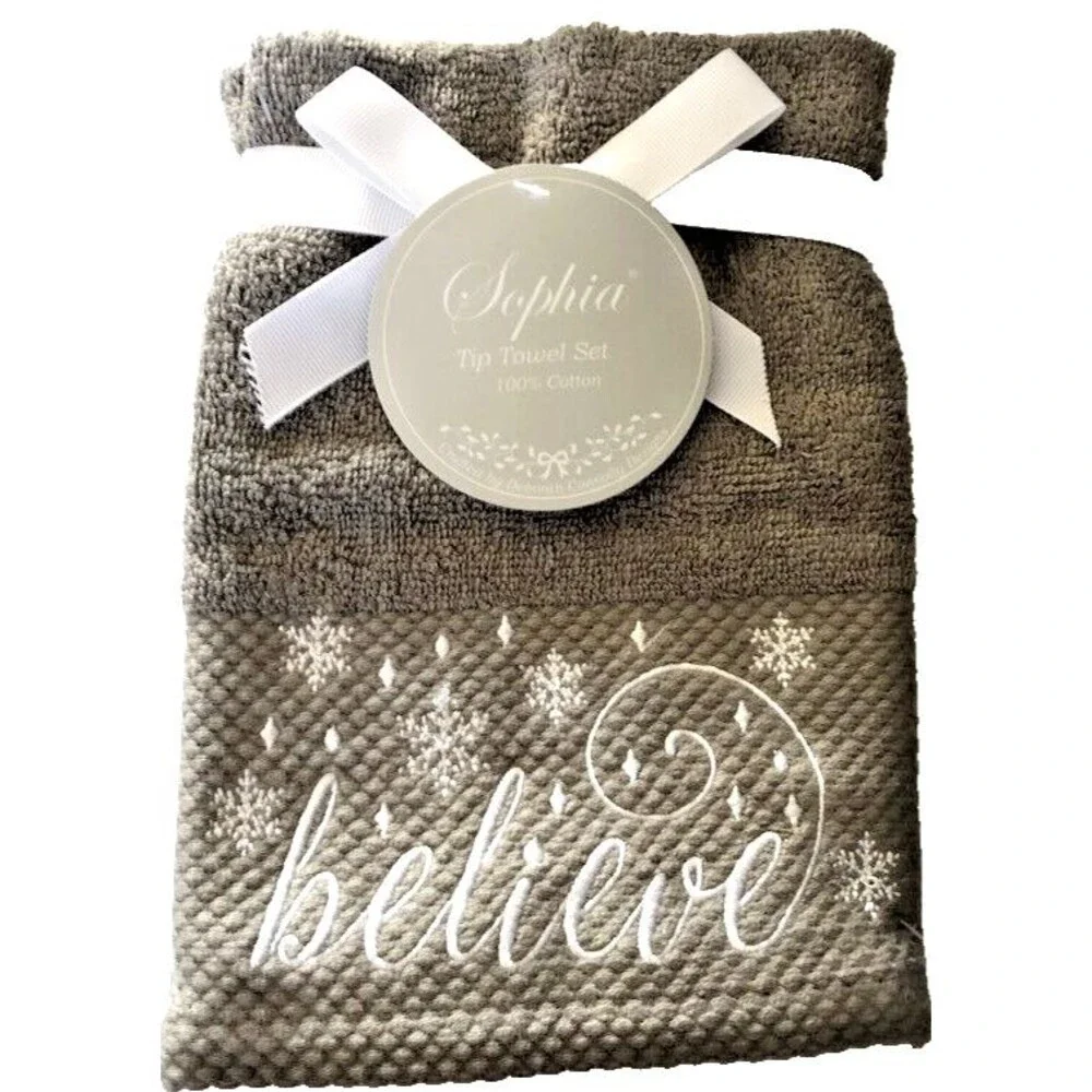 Christmas Believe Fingertip Towels Set of 2 Embellished Embroidered Gray White